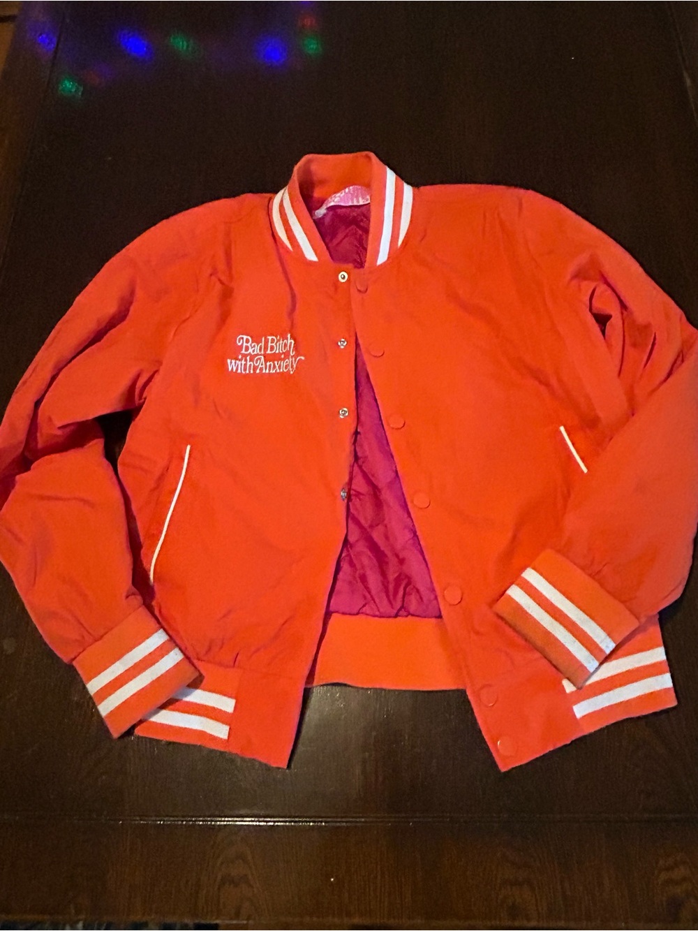Pink And Orange Bad B With Anxiety Varsity Jacket